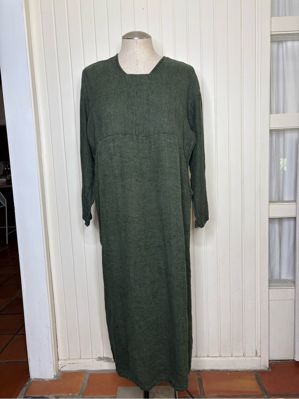 Flax Jeanne Engelhart Linen Long Sleeve Maxi Dress Green Large Coastal Pockets